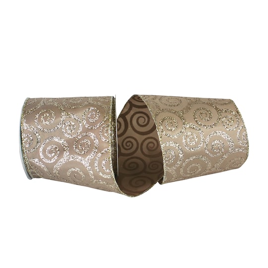 JAM Paper 4" x 10yd. Champagne Wired Swirl Glitter Taffeta Ribbon